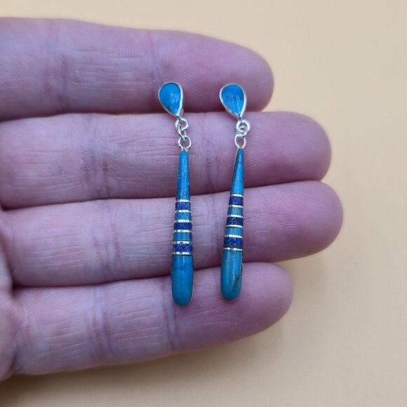 Jewelry - Sterling Silver Turquoise And Sodalite Stone Earrings A4563